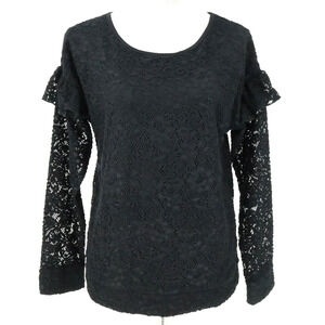 Juicy Couture Top Womens Medium Black Lace Blouse Lined Ruffle Sheer Sleeves